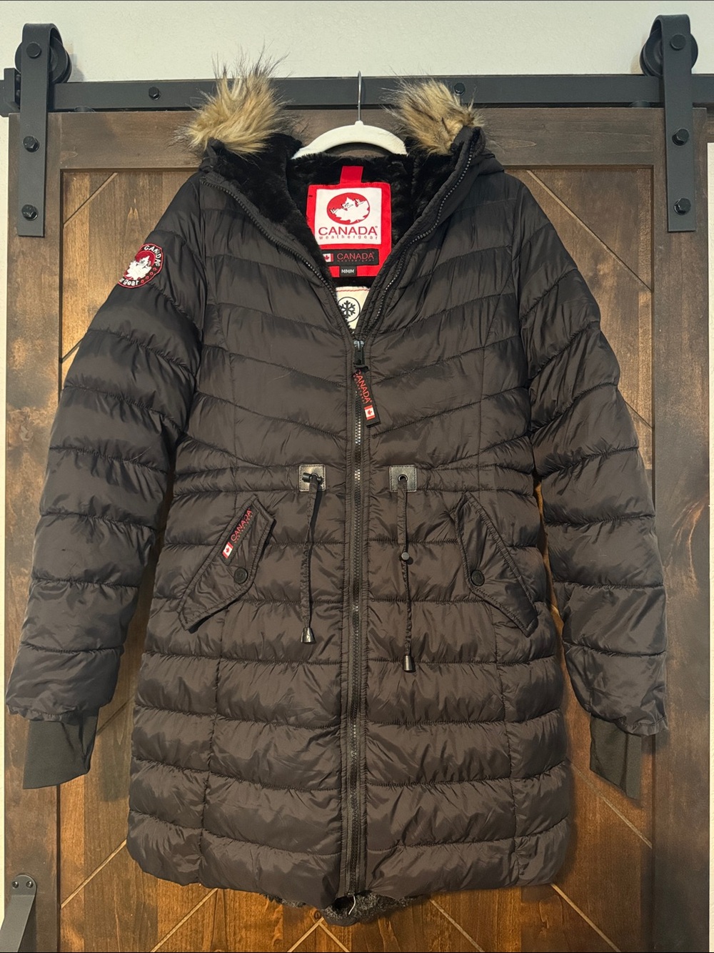 Canada Weather Gear Women's Black Quilted Long Puffer Coat with Faux-Fur Hood
